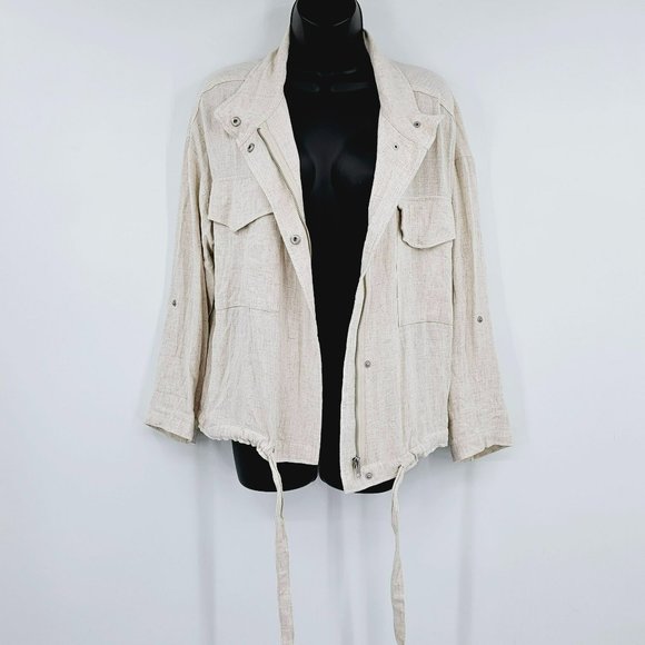 Staccato Moto Utility Jacket M Viscose Linen Zip Snap Roll Tab Sleeve Oatmeal - Picture 5 of 13